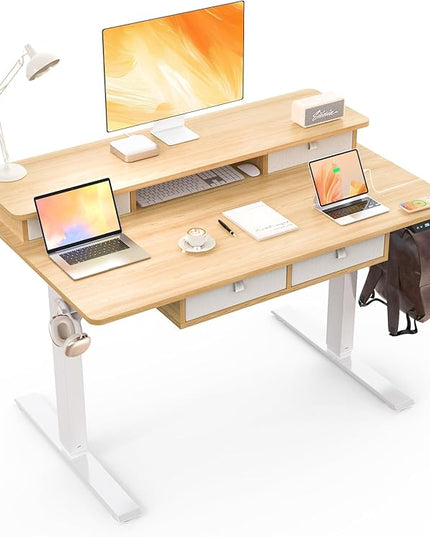 48 * 30 Inches Electric Standing Widened Desk Adjustable Height with 4 Drawers, Double Storage Shelves, Home Office Workstation Sit Stand up Desk (Nature)
