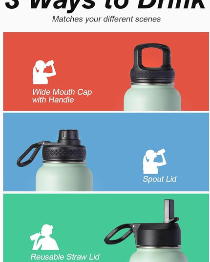 Water Bottle 32 oz Insulated with Straw, Coolflask Stainless Steel Metal 3 Lids Water Flask Wide Mouth for Sports or Office, Non-BPA Keep Cold Up to 48 Hrs or Hot Up to 24 Hrs, Ombre Green