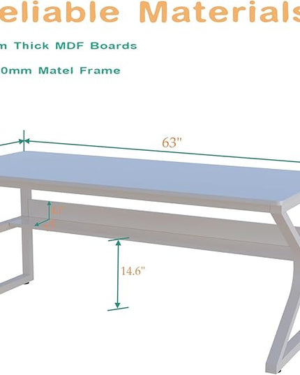 Extra Long Desk with Bookshelf - 63" Double Long Writing Table for 2-Person Workstation, Modern Study Work Computer Desk for Home and Office, Warm White