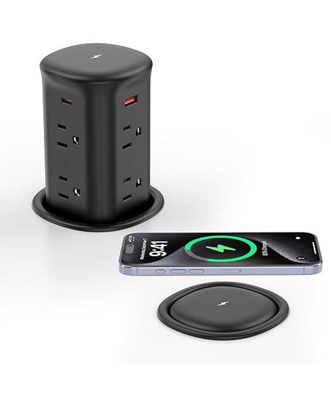 VILONG Pop Up Outlet with 15W Wireless Charger,4 USB Ports，8 Outlets,Space-Saving Concealed Design,Pop Up Countertop Receptacle for Conference Table,Kitchen Countertop (ETL Listed)