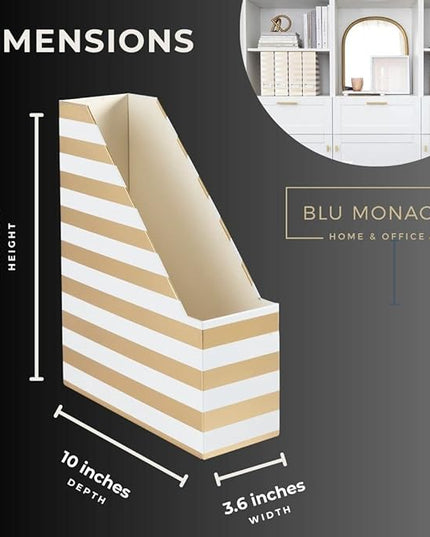 BLU MONACO Set of 4 Gold & White Striped Magazine File Boxes | Foldable Cardboard File Organizer Boxes with Gold Label Holders | Stylish Desk Organizer for Home Office and Classroom