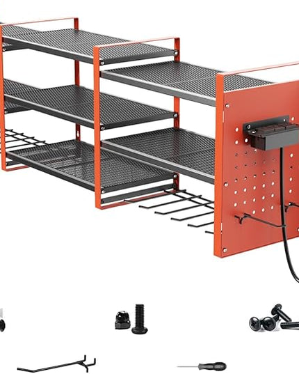 Heavy-Duty 48" Wall Mount Power Tool Organizer with Charging Station – 3-Tier Garage Organization Rack for Drills, Wrenches & Tools – Includes 16 Hooks & Pegboard Sides