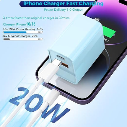 10 Foot Fast iPhone Charging Cable,2Pack 20W Dual Port USB C+A Wall Charger Block with 10FT Type C-C Charging Cable Apple Adapter for iPhone 17/17 Air/17 Pro/16/16e/16 Pro Max/15 Pro/iPad(Purple/Blue)
