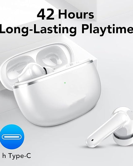 True Wireless Earbuds Bluetooth 5.3 Mic Noise Cancelling IPX7 Waterproof Hi-Fi Stereo Sound Long Battery 42H Playtime Auto Pairing for Android/Samsung/Apple iPhone Headphones pro,White