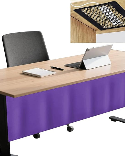 Icegrey 68" Under Desk Privacy Panel with Cable Management Organizer Net Self-Adhesive Modesty Panel for Cord Organizer Pockets and Desk Skirt for Home Office or Standing Workstation, Purple