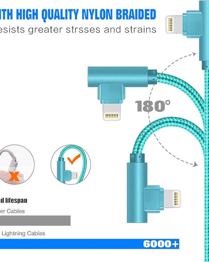 for iPhone Charger Cable Right Angle Lightning Cable 3Pack 90 Degree 6FT Nylon Braid Charging Cord Fast Charging Compatible for iPhone 14/13/12/12pro/11/11pro/XS/MAX/XR/X/8P/8/7P/7/6