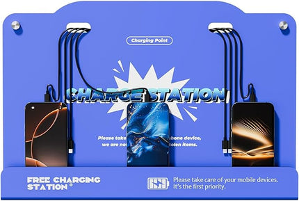 8-Port Wall Mounted Charging Station with Universal Cables – Fast Charging Dock for iPhone, Android & Type-C Devices – Perfect for Office, Airport, Hotel & School Use (Blue)