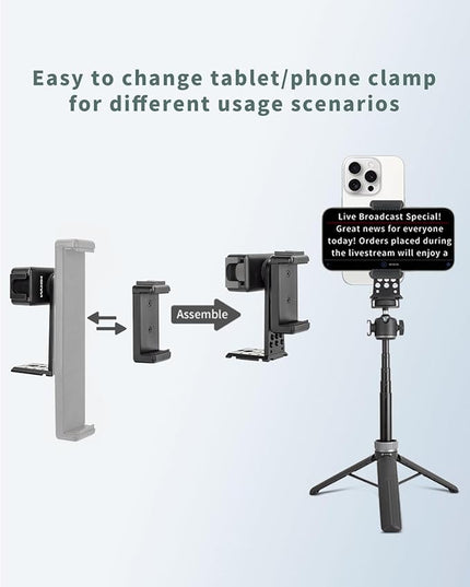Metal Dual Device Tablet & Phone Holder Tripod Mount Adapter Set for Live Streaming and Teleprompter - Compatible with Tripods, Monopods, Selfie Sticks, Heads, Gimbals and Stabilizers