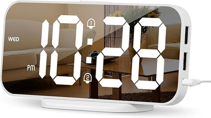 ALANAS Digital Alarm Clock for Bedrooms, Dual Alarms with Snooze, Big LED Mirror Display, 4-Level Dimmer & 2 USB Ports, Plug in Clocks, Aesthetic Modern Desk Clock for Home Office, Gift