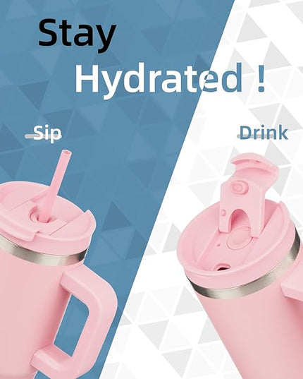 40 oz Tumbler with Handle and 2 Straws,2 in 1 Lid Insulated Water Bottle Stainless Steel Travel Coffee Mug,Pink