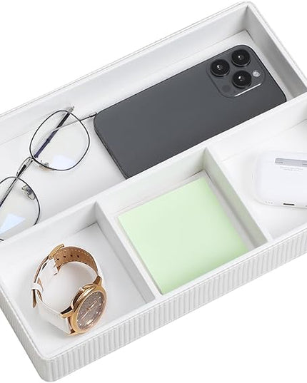 NICLNGSH PU Leather Valet Tray, Decorative Trinket Vanity Desk Drawer Organizer Tray, Perfume Dish Catch All Bowl for Keys, Nightstand Drawer Organizer Women Men with 4 Compartments (Cream-White)