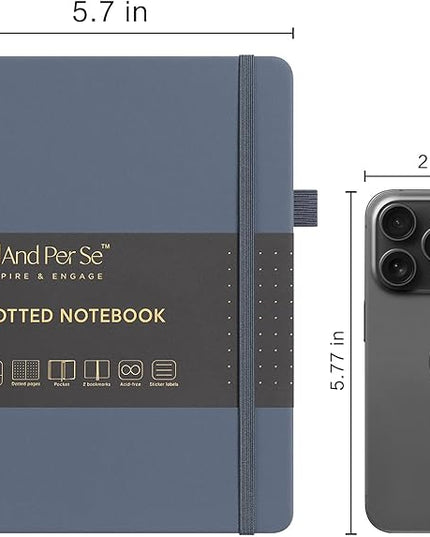 &And Per Se Dotted Journal Notebook, A5 Hardcover Leather Bullet Dotted Journal, 160 Pages 100 gsm Thick Paper, 3 Sheets of Stickers Included - 5.7'' x 8'' (Dark Blue)
