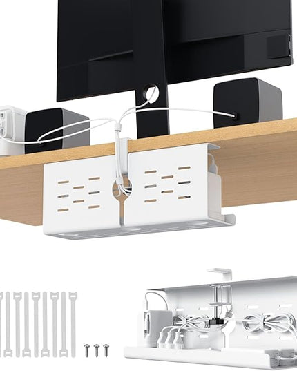 KEEGH 16'' Under Desk Cable Management Tray, Drill Free Clamp/Screws Mount, Sturdy Metal Cable Tray for Place Power Strip, Cord Management Tray Rack, Home, Office, White
