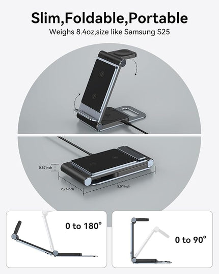 Wireless Charger for Samsung 3 in 1 Wireless Charging Station Foldable Wireless Charger Stand for Samsung S25 Ultra S24 S23 S22 Z Flip Z Fold 7 6 5 4 3 for Galaxy Watch 8/7/6/5/4/ Galaxy Buds