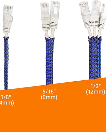 Braided Expandable Cable Sleeve, 25ft PP Cotton and PET Braided Cable Management, Flexible Mesh Wire Loom and Cable Protector for TV, Computer, Home Theater, Automotive (Blue, 1/8")
