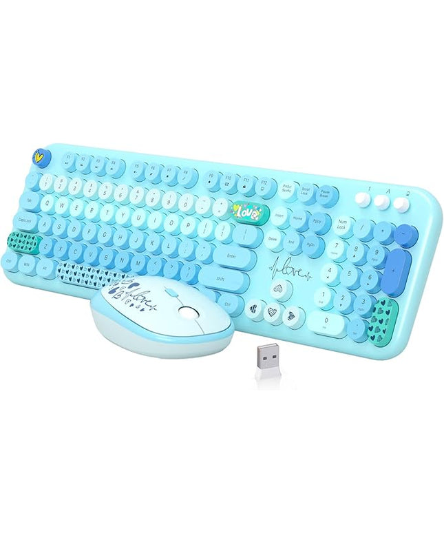 Wireless Keyboard Mouse Combo, MOFII 104 Round Keys Lovely Full-Size Cute Colorful Keyboard and Mouse with Retro Typewriter for PC/Mac/Laptop/Tablet/Computer/Windows Blue