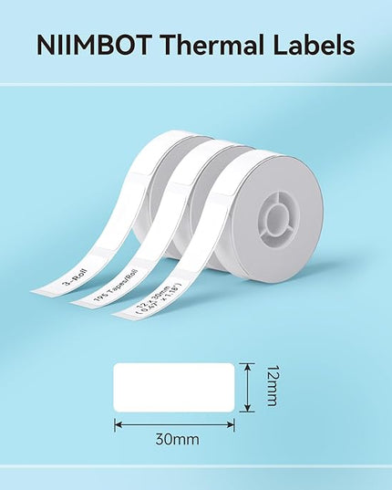 NIIMBOT Label Maker Tape for D11/D110/D101 Label Maker, 12 x 30 mm (0.47'' x 1.18''), 3Rolls for Home Office Labeling Tape Replacement, White