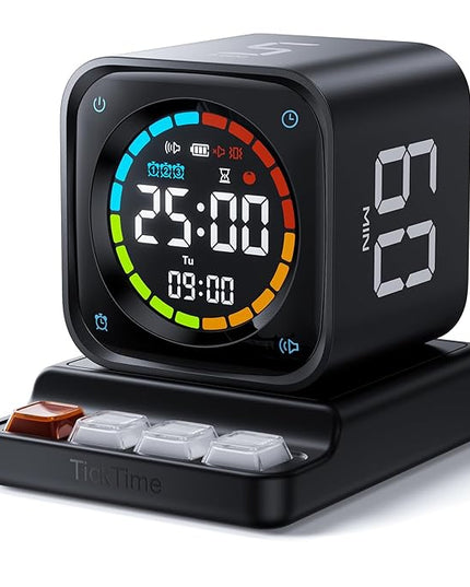 TK3 Pomodoro Timer Cube, Desk Productivity Timer with 5/10/30/60 Min Presets, Custom Countdown, Stopwatch, Clock, 3 Alarm, Silent, Vibrate & Sound Mode, for Task, ADHD, Study, Kitchen (Obsidian Black)