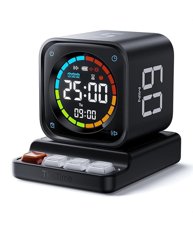 TK3 Pomodoro Timer Cube, Desk Productivity Timer with 5/10/30/60 Min Presets, Custom Countdown, Stopwatch, Clock, 3 Alarm, Silent, Vibrate & Sound Mode, for Task, ADHD, Study, Kitchen (Obsidian Black)
