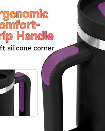 40oz Tumbler with Handle and Straw Spout 2-in-1 Lid, Spill Leak Proof Insulated Travel Cup Traveler Water Mug Keep Cold Hot, Dishwasher Safe Stainless Steel Bottle Gifts for Women Men, Black Purple