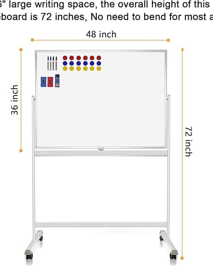H-Qprobd Rolling Whiteboard with Stand 48"x36" Double-Sided Mobile Magnetic Dry Erase Board on Wheels for Home, Office & School