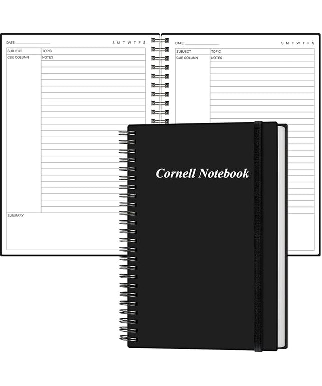 Yaridar A5 Cornell Notes Notebook - College Spiral Cornell Notebooks for Note Taking, Subject College Ruled Steno Pads for Office/School/Home, 5.8" x 8.5", Black