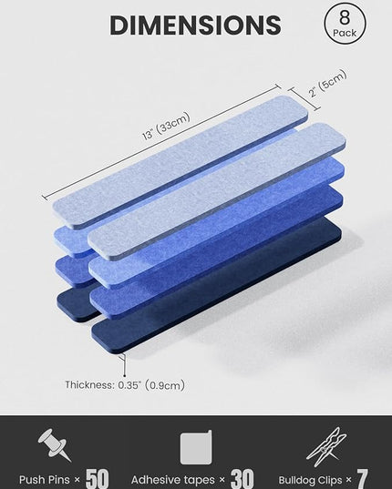 Fluxynara Cork Board Alternative Felt Strip Board 8-Pack 13"x2", Office Pin Board with 50 Push Pins, Adhesive Install for Bedroom Door & Home Office(Denim Mist)