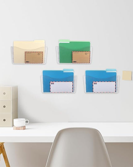 EASEPRES 4 Pack Clear Single Pocket Hanging File Organizer, Plastic Wall Mount Paper Mails Magazines Holder, Mounted Folder Bins for Office, School and Home, 13.85x3.14x6.88 inches