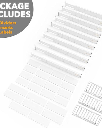 SpaceAid Bamboo Drawer Dividers with Inserts and Labels, Kitchen Adjustable Drawer Organizers, Expandable Organization for Home, Office, Dressers, 10 Dividers with 24 Inserts (17"-22" White)
