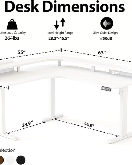 Agilestic L Shaped Standing Desk, Adjustable Height Corner Gaming Desk with Shelf, Sit Stand Up Desk, 63 x 55 Inch Home Office Computer Table, White