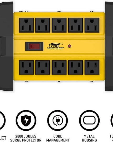 CRST Heavy Duty Surge Protector Power Strip 10-Outlet Metal Industrial Power Strip with 2800 Joules, 15A Circuit Breaker, 14 Gague 6ft Extension Cord for Workshop, Garage, Office, School…