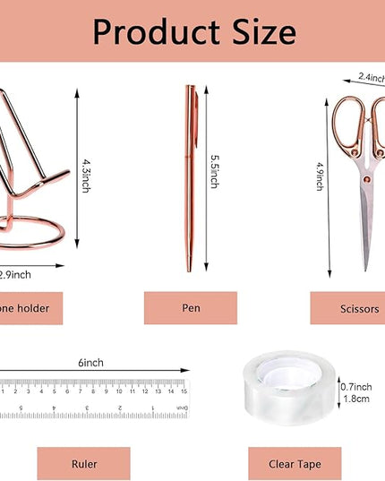 suniya Office Supplies,Desk Accessories,with Stapler,Tape Dispenser,Pen Holder Cup for Desk,Staple Remover,Scissor,Ballpoint Pen,Clear Tape, Staples,Phone Stand,Ruler,Binder,Best Gift Set(Rose Gold)