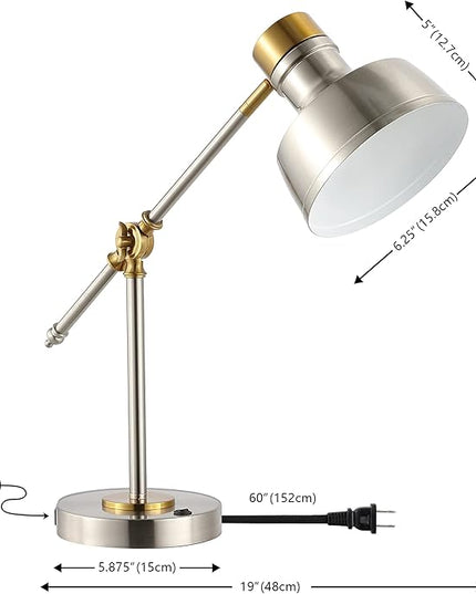 JONATHAN Y JYL7124B 18.5" Industrial Task Lamp with USB Charging Port, Nickel and Brass Farmhouse Desk Lamp with Adjustable Head for Office, Bedroom Bedside Reading, LED Bulb Included
