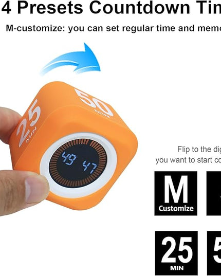 FCXJTU Rotating Cube Pomodoro Visual Timer 5, 25, 10 50 Minutes Preset, Rechargeable Desk Productivity Flip Custom Countdown Timer w/Silicone Cover, Silent Mode for ADHD Study, Work, School(Orange)