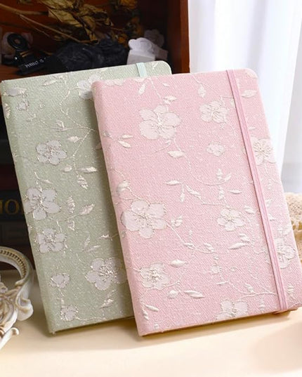 A5 Notebook, Ruled Paper, Lined Page, Hardcover, Layflat, Linen Cover, Flower Fabric, Journal for Women, Elastic Band Closure, Cute Notebooks for School, Office, Personal Writing, Pink