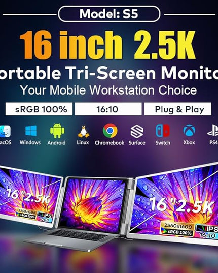 Smartlinx 16" Laptop Screen Extender Triple Display - 2560x1600P QHD Portable Monitor, USB C Detachable Plug & Play Extender for 12" -17" Laptops - Compatible with Windows/Android/PS4/MacBook