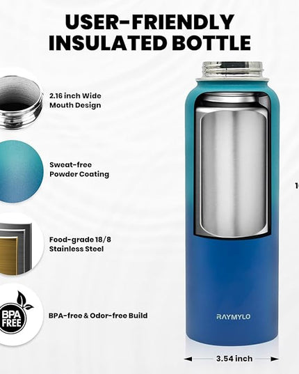 Insulated Water Bottle 40 oz, Triple Wall Vacuum Stainless Steel (Cold for 48 Hrs), Leak Proof & Non-BPA, Modern Water Flask Jug with Paracord Handle & Straw Spout Lids, Cyan Blue
