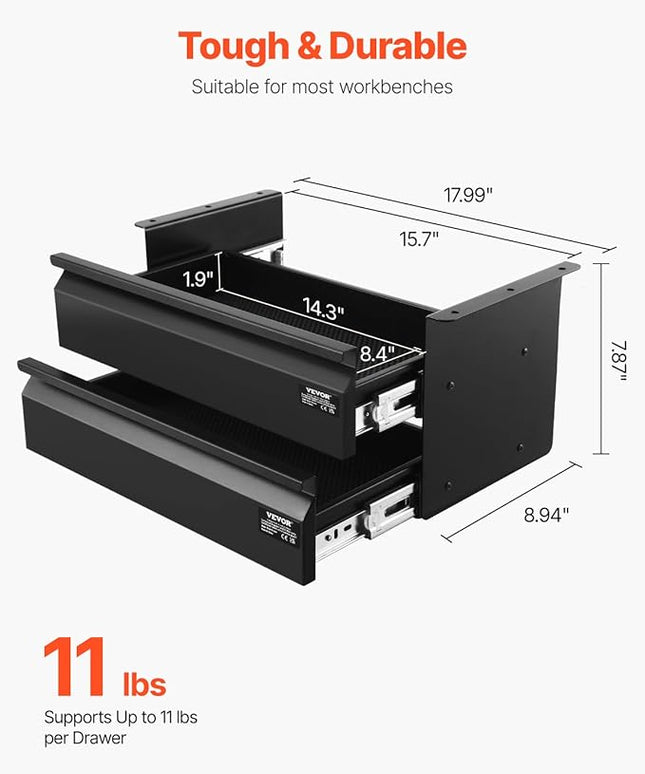 VEVOR Under Desk 2 Layer Slide Out Drawer, 16 inch Under Desk Pull-out Drawer for Home Office Sit Stand Workstation, Black