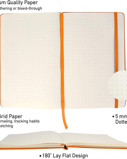 Simply Genius A5 Dotted Hardcover Notebook - Compact Travel Journal - Durable Hardcover Journal with Flat-Lay Binding - Gusseted Pocket & Elastic Band Notebook Set - 4-Pack, 192 pg, 5.7x8.4 in, Orange