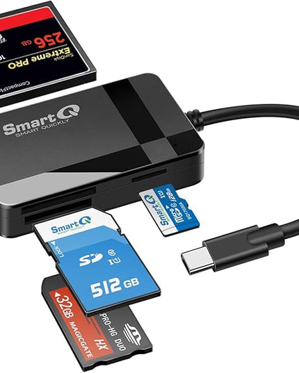 SmartQ SD Card Reader, 4-in-1 USB C 3.0 SD/Micro SD/MS/CF Memory Card Reader, Adapter for Camera, Compatible with MacBook Pro, MacBook Air/iPad Pro, Samsung Galaxy S10/S9/S8, Surface Book 2