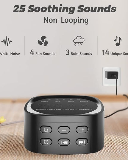 Sleepbox Sleep White Noise Sound Machines with 25 Soothing Sounds 36 Volume Levels 5 Timers Visible Sound Catalog Portable Size Memory Function for Home Office and Travel