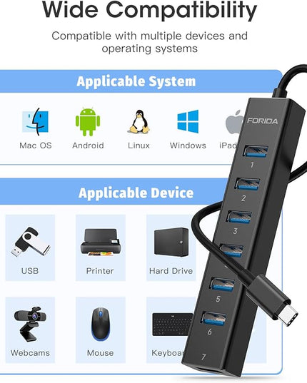 FORIDA USB C Hub-8 Port USB HUB with 7 USB3.0 Data Ports,Aluminum Alloy USBC Splitter with Type C 5V/3A Power Port Compatible with MacBook, iPad, Surface Pro, XPS, Laptop,PC (Black,USB C-9.8in)