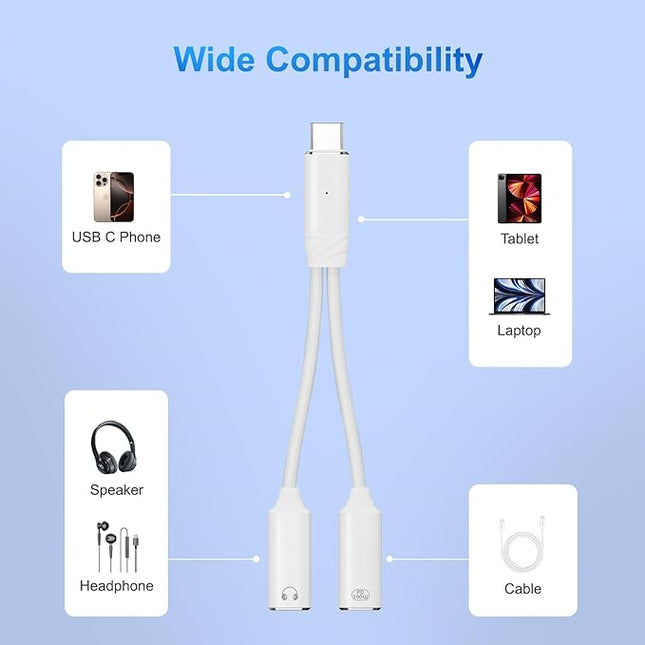 USB C Splitter，2 in 1 USB C Headphone and Charger Adapter Audio Dongle Cable with PD 100W for iPhone 16 15 Pro Max, Pixel 9 8 7, Galaxy S24 S23 S22, iPad Pro (White)