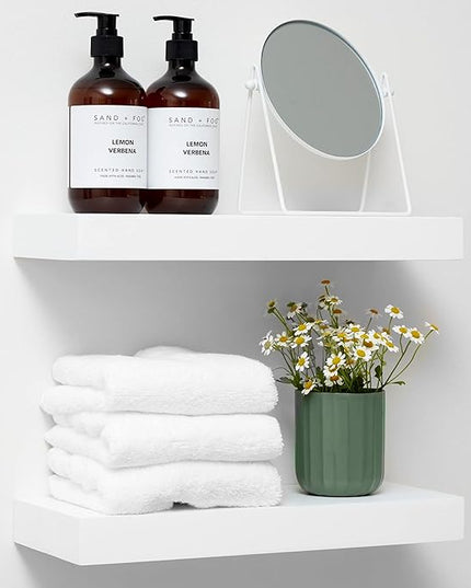 Homeforia White Floating Shelves 16 inch, High End Solid Real Wood 16inch Bathroom Floating Shelf for Wall Mounted, White Wooden 16 Floating Shelves, Heavy Duty Bracket, 16 X 6.5 X 1.75 inch, Set of 2