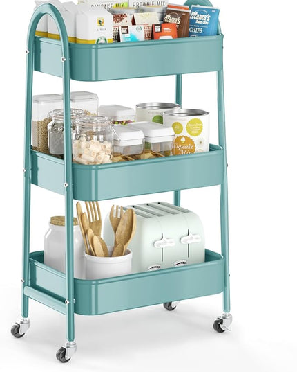 EAGMAK 3 Tier Utility Rolling Cart, Metal Storage Cart with Handle and Lockable Wheels, Multifunctional Storage Organizer Trolley with Mesh Baskets for Kitchen, Living Room, Office, Garage (Green)
