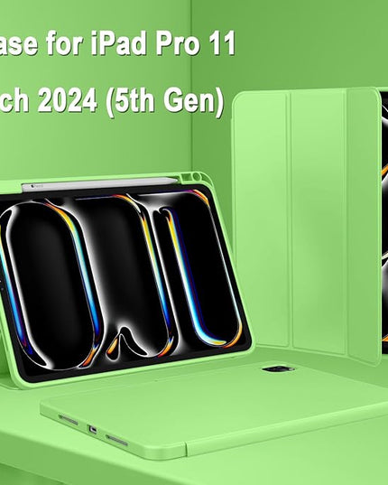 ZryXal iPad Pro 11 Inch Case (M5) 2025/ (M4) 2024 (Model: A2836/A2837/A3006), Trifold Stand Smart Cover with Pencil Holder and Soft TPU Back, Auto Wake/Sleep (Grass Green)