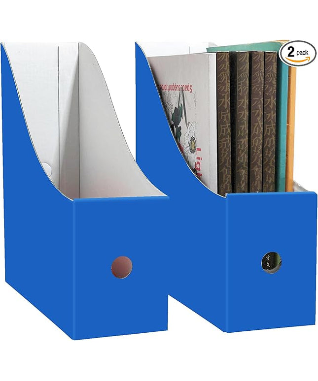Limitliho 2 Pack Cardboard Magazine File Holder for Desktop ，Blue Book Bins for Classroom Library, Office or Home, Vertical Paper Boxes for Storage with Label(10.6" H x 10.2" L x 3.5" W in)