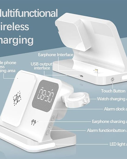 AYI 4in1 Multi Functional Wireless Charging Station with Digital Alarm Clock 15W Fast Charger Night Light Wireless Charger for All Qi Phone and Earbud Headphone Compliant with i-Watch-B22 White
