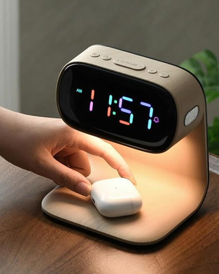 AYI 3in1 Multi-Functional Wireless Charging Alarm Clock Smart Night Light Qi Charger LED Digital Clock Adjustable Light 15W Fast Wireless Charging for All Qi Phone and TWS Headphone Pro Wood Color