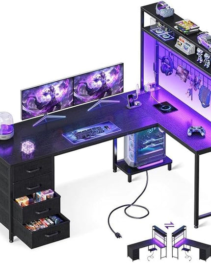 AODK L Shaped Gaming Desk with 4 Drawers, 59" Reversible Computer Desk with Hutch and Shelves, Gamer Desk with LED Lights, Power Outlets, Home Office Corner Desk with Gird Pegboard, Black